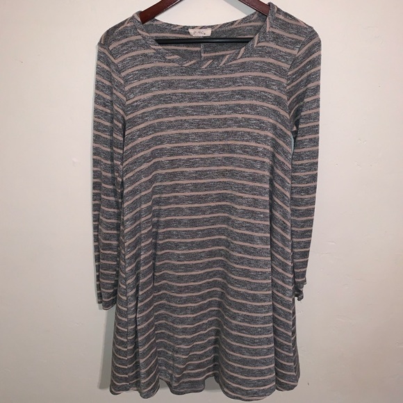Pinc Knit Swing Dress with Long Sleeves and Horizontal Stripes - Picture 1 of 6